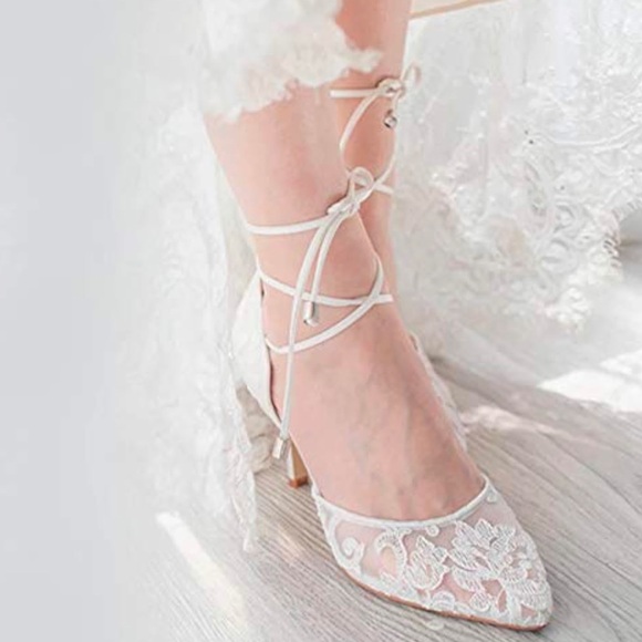 erijunor Shoes - Ivory Lace Mesh Satin Mid Heel Tie Up Ankle Strap Pointy Toe Pumps